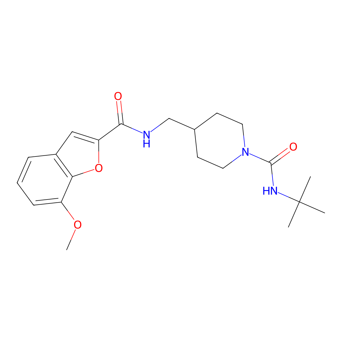 N-(tert-butyl)-4-((7-methoxybenzofuran-2-carboxamido)methyl)piperidine-1-carboxamide molecular structure, CAS 1235302-27-8