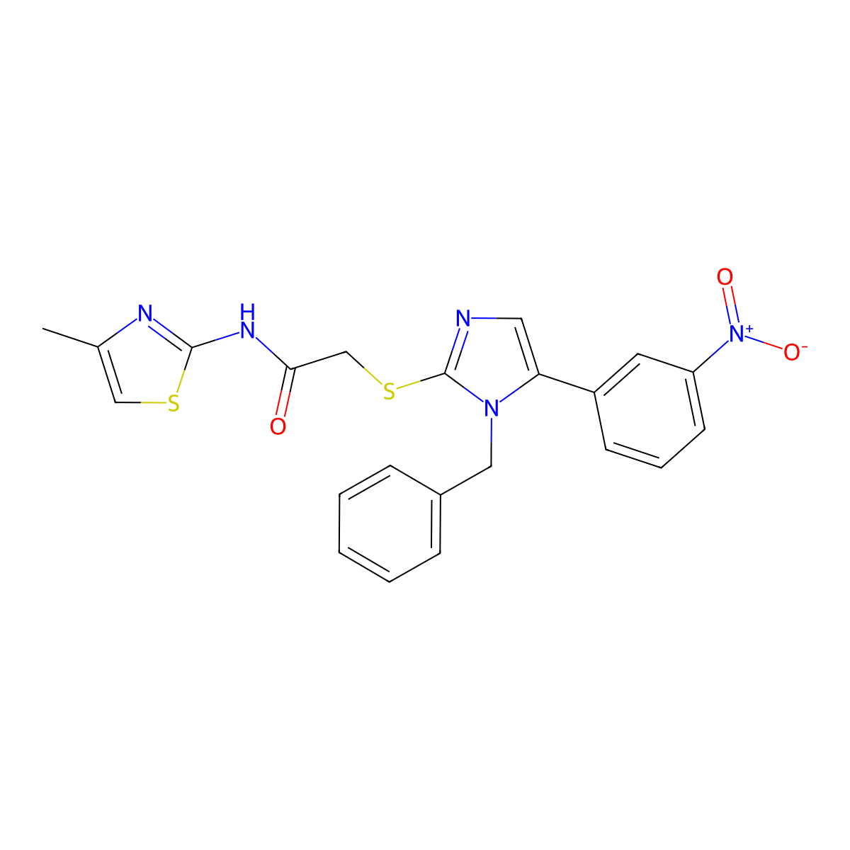 2-((1-benzyl-5-(3-nitrophenyl)-1H-imidazol-2-yl)thio)-N-(4-methylthiazol-2-yl)acetamide molecular structure, CAS 1235303-99-7