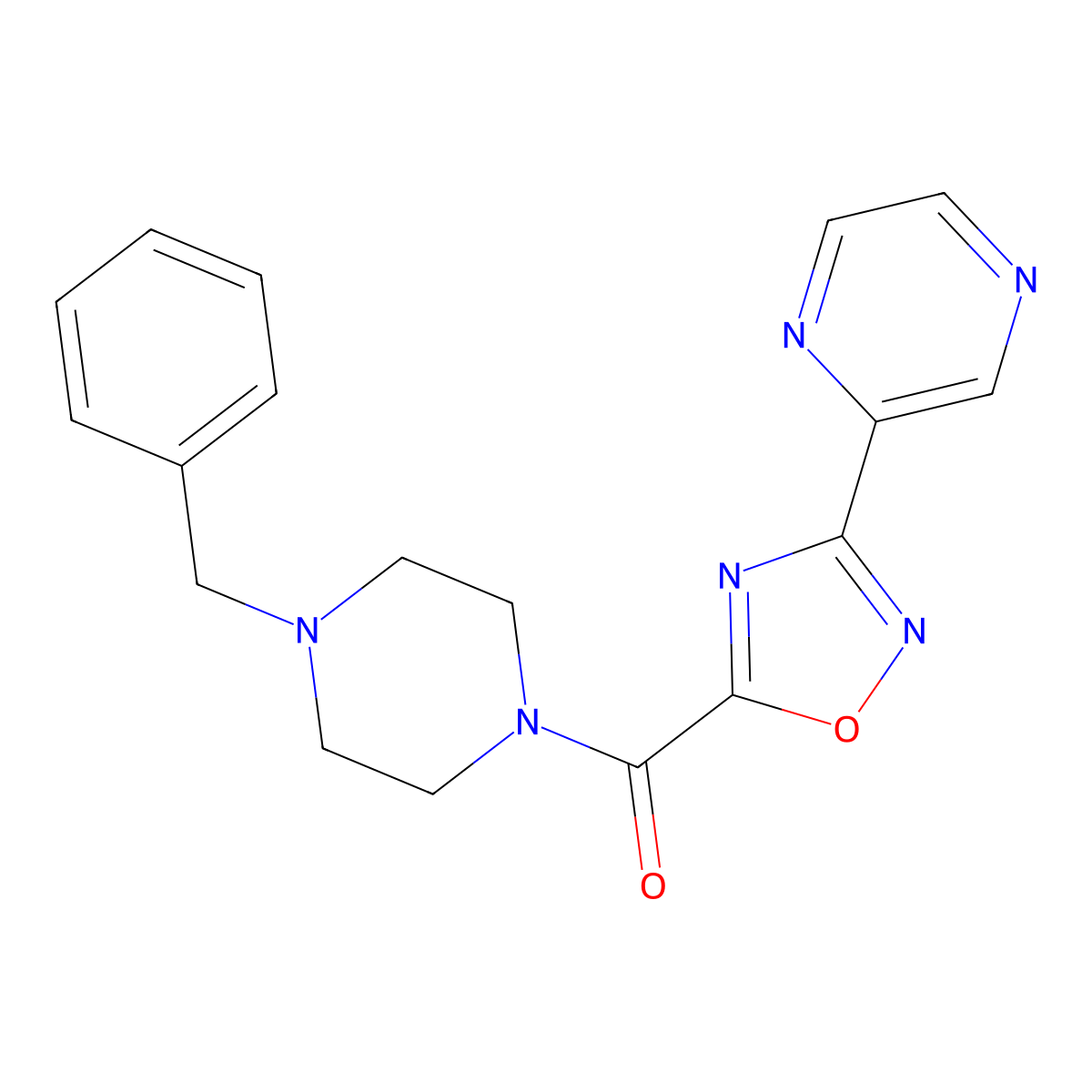 (4-Benzylpiperazin-1-yl)(3-(pyrazin-2-yl)-1,2,4-oxadiazol-5-yl)methanone molecular structure, CAS 1235311-08-6