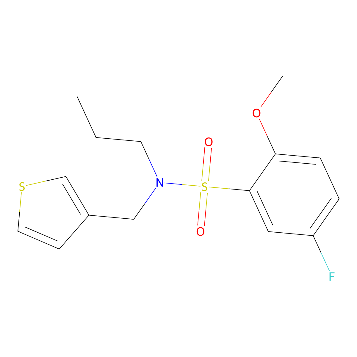 5-fluoro-2-methoxy-N-propyl-N-(thiophen-3-ylmethyl)benzenesulfonamide molecular structure, CAS 1235311-21-3