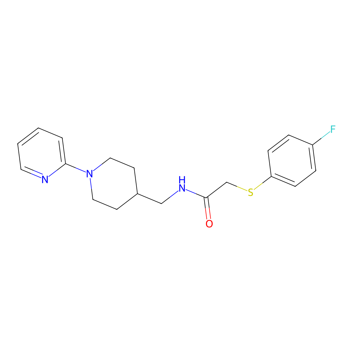 2-((4-fluorophenyl)thio)-N-((1-(pyridin-2-yl)piperidin-4-yl)methyl)acetamide molecular structure, CAS 1235314-75-6