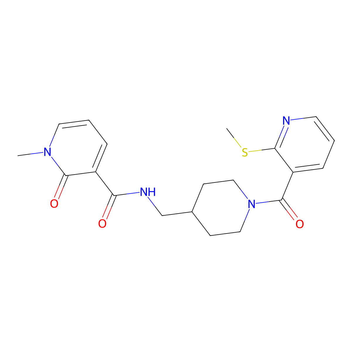 1-methyl-N-((1-(2-(methylthio)nicotinoyl)piperidin-4-yl)methyl)-2-oxo-1,2-dihydropyridine-3-carboxamide molecular structure, CAS 1235321-74-0