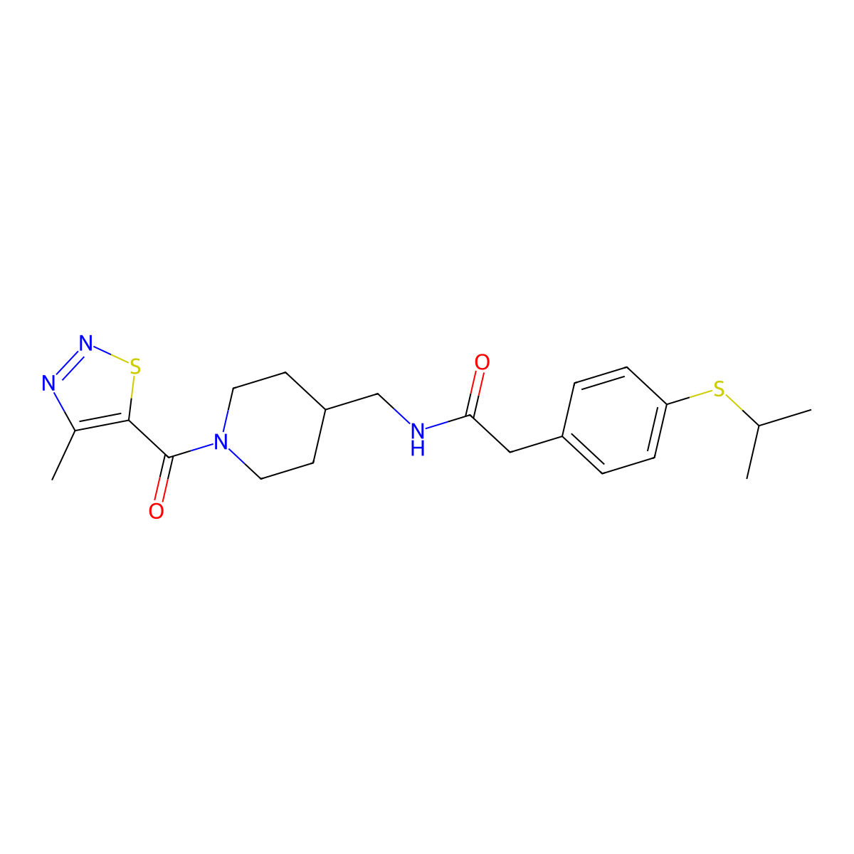 2-(4-(isopropylthio)phenyl)-N-((1-(4-methyl-1,2,3-thiadiazole-5-carbonyl)piperidin-4-yl)methyl)acetamide molecular structure, CAS 1235324-51-2