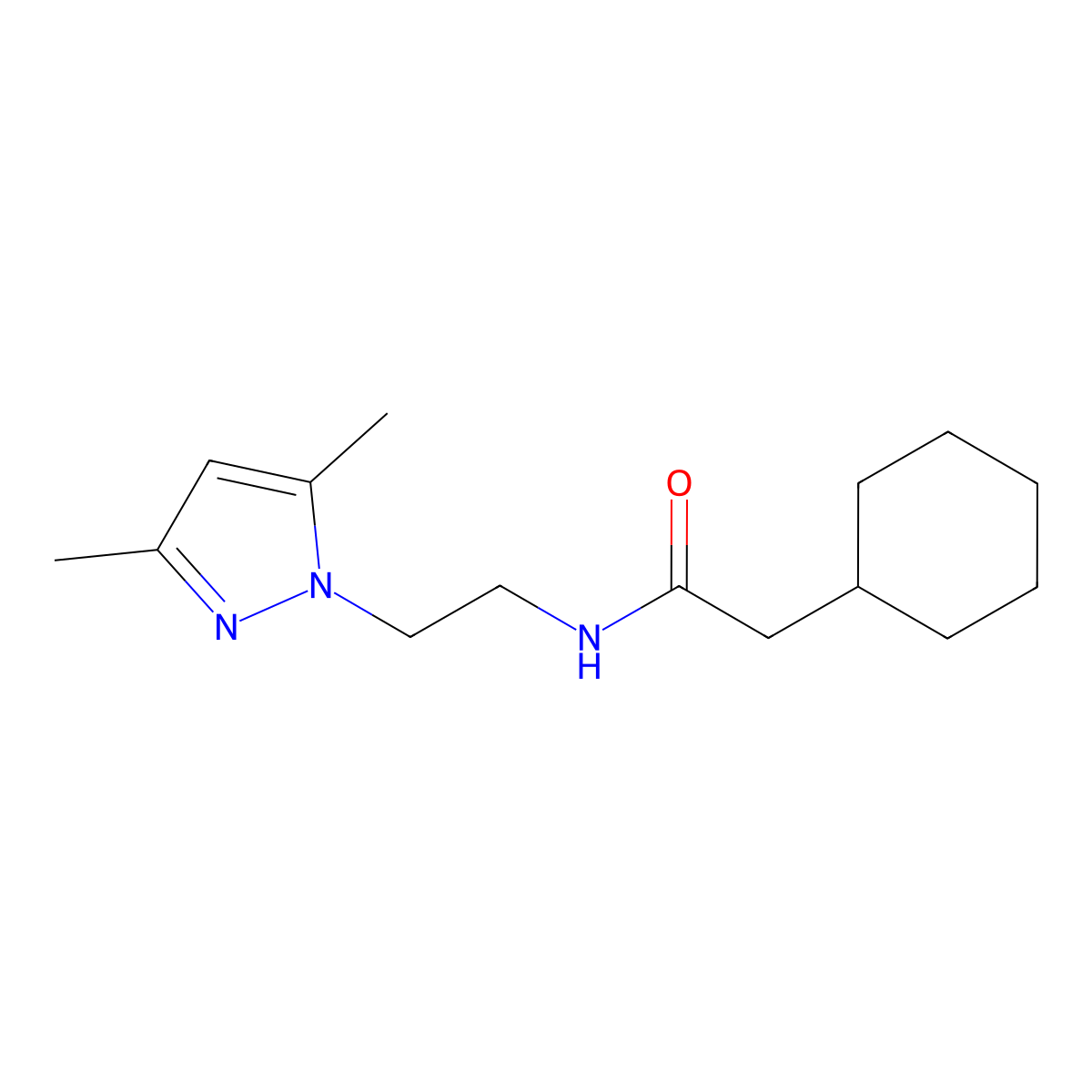 2-cyclohexyl-N-(2-(3,5-dimethyl-1H-pyrazol-1-yl)ethyl)acetamide molecular structure, CAS 1235324-82-9