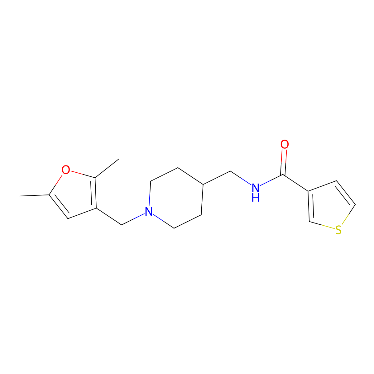 N-((1-((2,5-dimethylfuran-3-yl)methyl)piperidin-4-yl)methyl)thiophene-3-carboxamide molecular structure, CAS 1235328-34-3