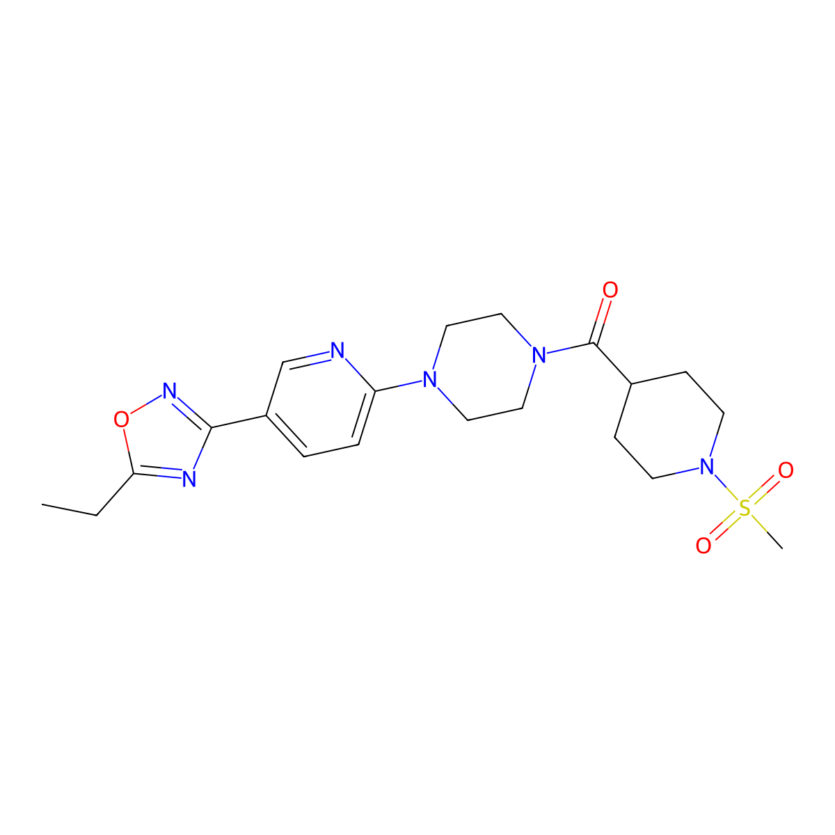 (4-(5-(5-Ethyl-1,2,4-oxadiazol-3-yl)pyridin-2-yl)piperazin-1-yl)(1-(methylsulfonyl)piperidin-4-yl)methanone molecular structure, CAS 1235328-96-7