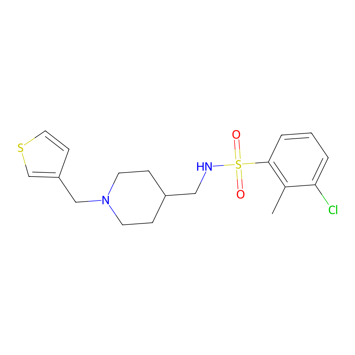 3-chloro-2-methyl-N-((1-(thiophen-3-ylmethyl)piperidin-4-yl)methyl)benzenesulfonamide molecular structure, CAS 1235333-68-2