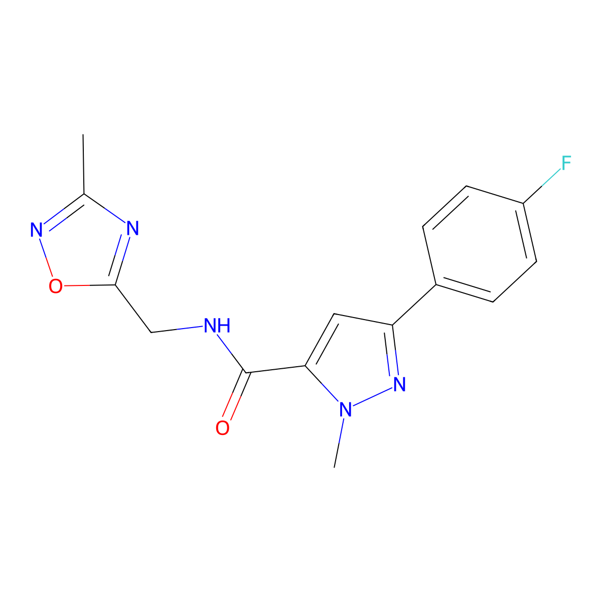 3-(4-fluorophenyl)-1-methyl-N-((3-methyl-1,2,4-oxadiazol-5-yl)methyl)-1H-pyrazole-5-carboxamide molecular structure, CAS 1235341-11-3
