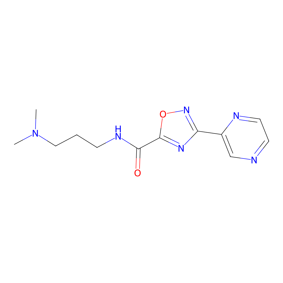 N-(3-(dimethylamino)propyl)-3-(pyrazin-2-yl)-1,2,4-oxadiazole-5-carboxamide molecular structure, CAS 1235341-50-0