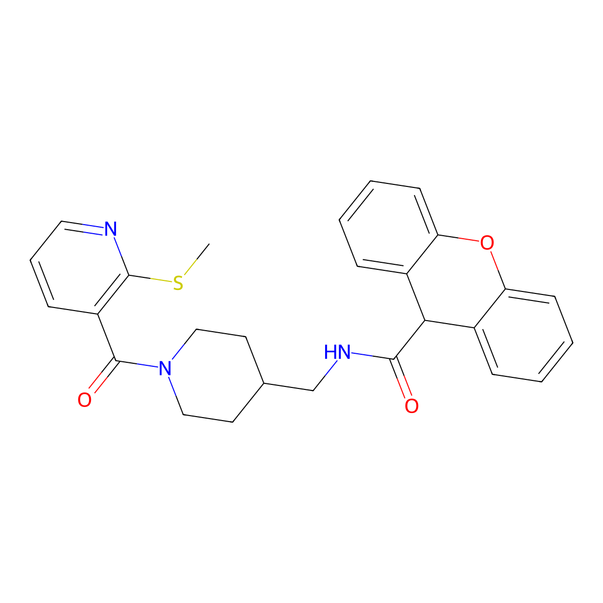 N-((1-(2-(methylthio)nicotinoyl)piperidin-4-yl)methyl)-9H-xanthene-9-carboxamide molecular structure, CAS 1235342-37-6