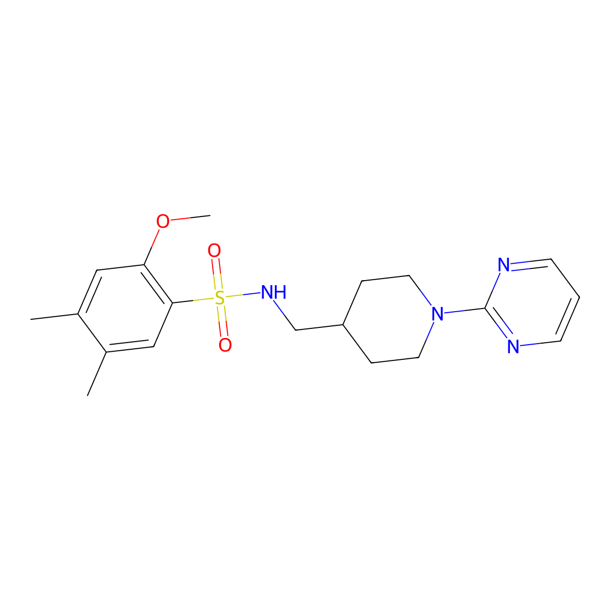 2-methoxy-4,5-dimethyl-N-((1-(pyrimidin-2-yl)piperidin-4-yl)methyl)benzenesulfonamide molecular structure, CAS 1235342-86-5