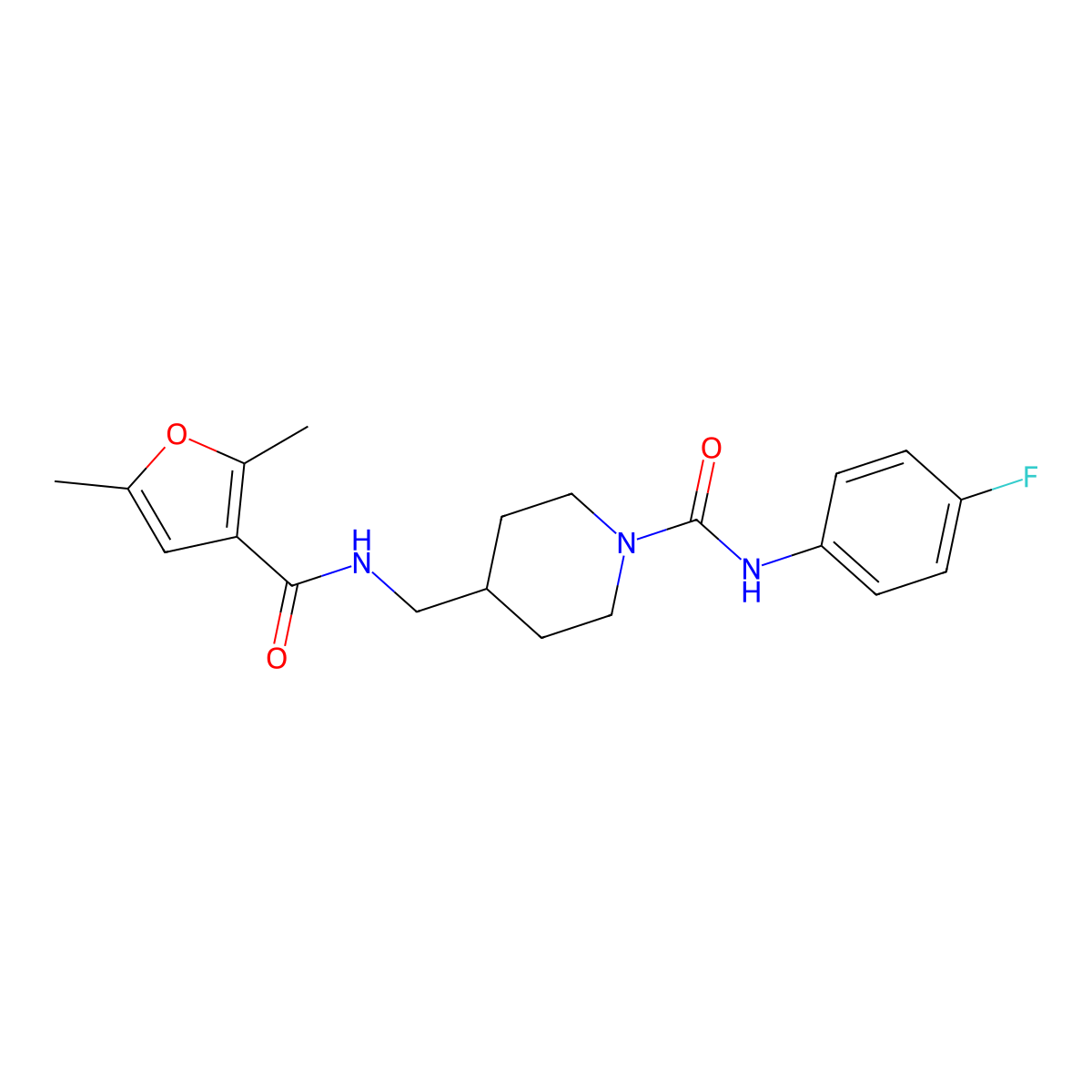 4-((2,5-dimethylfuran-3-carboxamido)methyl)-N-(4-fluorophenyl)piperidine-1-carboxamide molecular structure, CAS 1235344-22-5