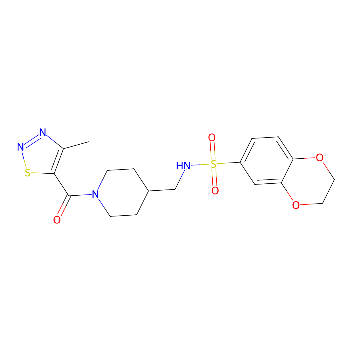 N-((1-(4-methyl-1,2,3-thiadiazole-5-carbonyl)piperidin-4-yl)methyl)-2,3-dihydrobenzo[b][1,4]dioxine-6-sulfonamide molecular structure, CAS 1235347-27-9
