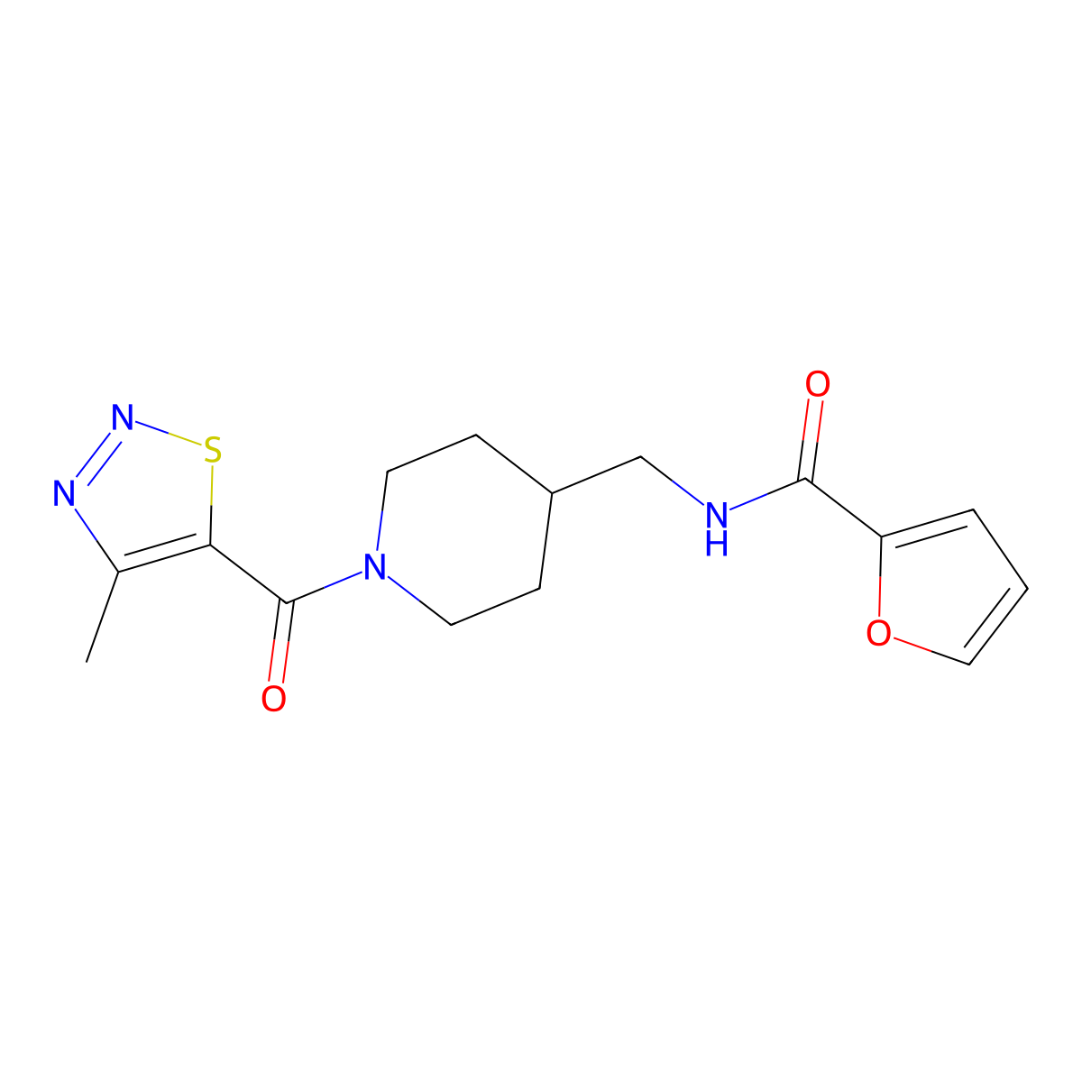 N-((1-(4-methyl-1,2,3-thiadiazole-5-carbonyl)piperidin-4-yl)methyl)furan-2-carboxamide molecular structure, CAS 1235347-60-0