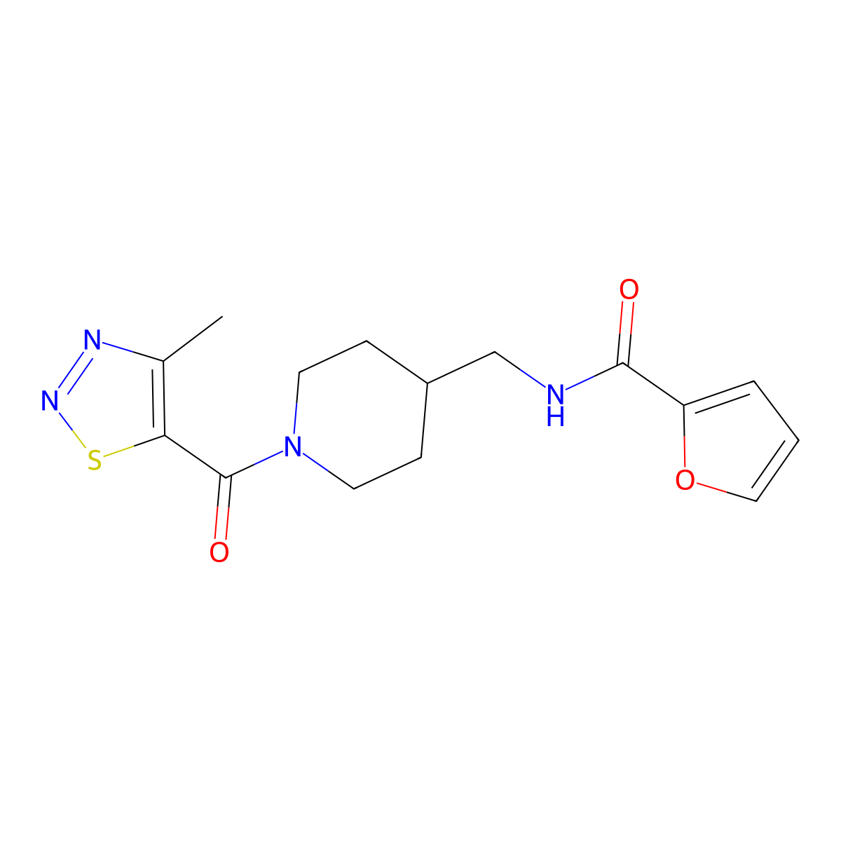 N-((1-(4-methyl-1,2,3-thiadiazole-5-carbonyl)piperidin-4-yl)methyl)furan-2-carboxamide molecular structure, CAS 1235347-60-0