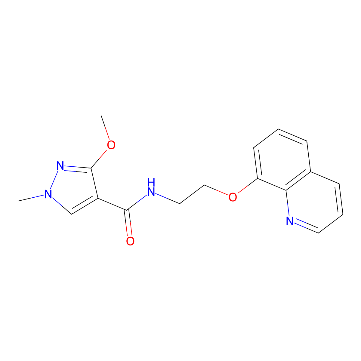 3-methoxy-1-methyl-N-(2-(quinolin-8-yloxy)ethyl)-1H-pyrazole-4-carboxamide molecular structure, CAS 1235348-40-9