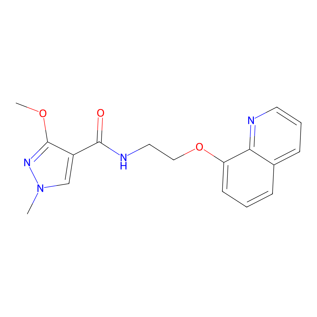 3-methoxy-1-methyl-N-(2-(quinolin-8-yloxy)ethyl)-1H-pyrazole-4-carboxamide molecular structure, CAS 1235348-40-9
