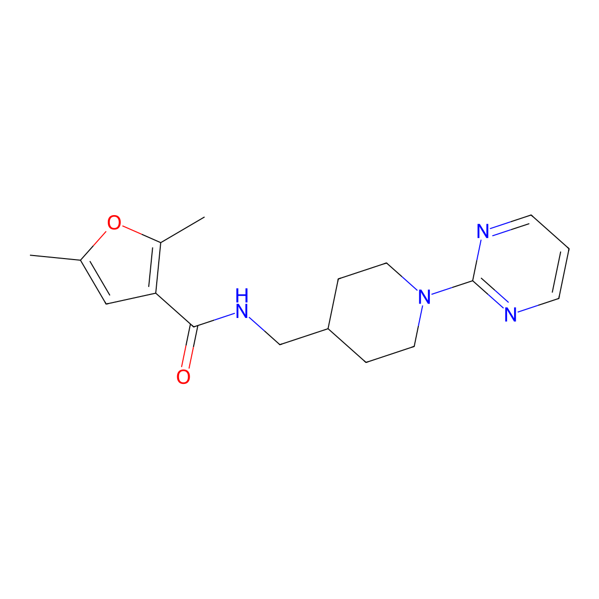 2,5-dimethyl-N-{[1-(pyrimidin-2-yl)piperidin-4-yl]methyl}furan-3-carboxamide molecular structure, CAS 1235348-92-1