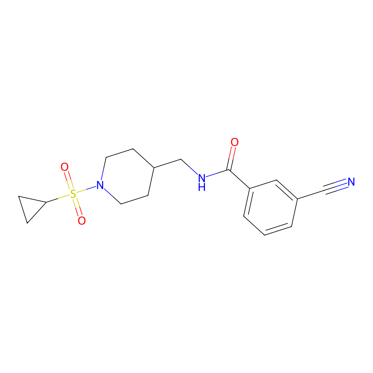 3-cyano-N-((1-(cyclopropylsulfonyl)piperidin-4-yl)methyl)benzamide molecular structure, CAS 1235350-71-6