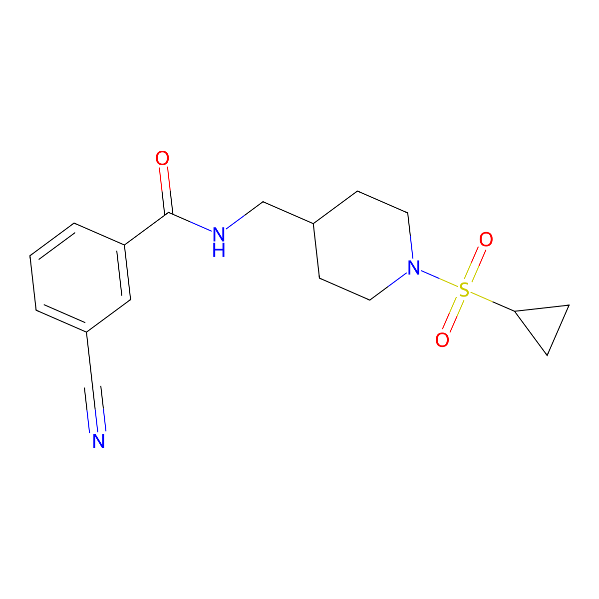 3-cyano-N-((1-(cyclopropylsulfonyl)piperidin-4-yl)methyl)benzamide molecular structure, CAS 1235350-71-6