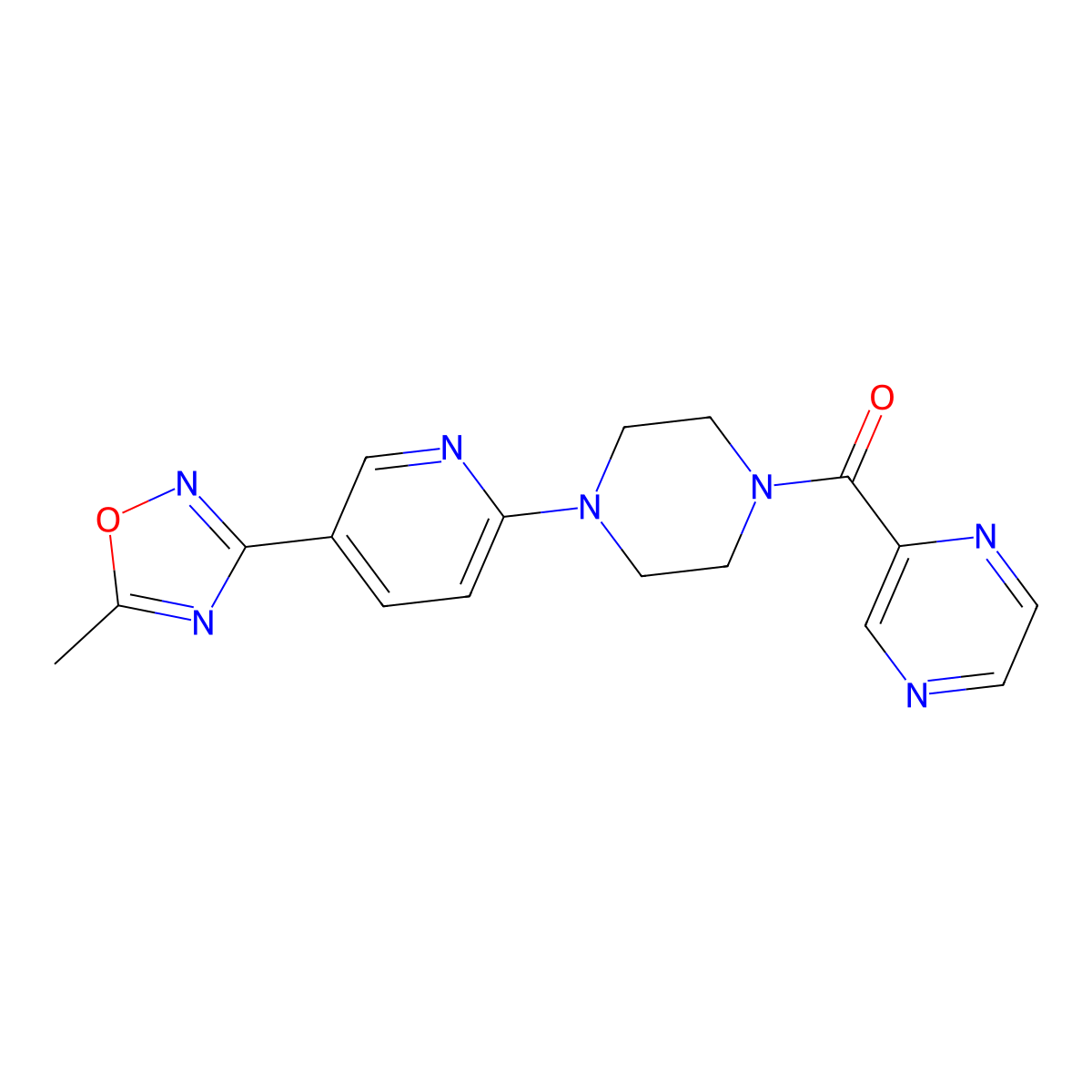 (4-(5-(5-Methyl-1,2,4-oxadiazol-3-yl)pyridin-2-yl)piperazin-1-yl)(pyrazin-2-yl)methanone molecular structure, CAS 1235350-97-6