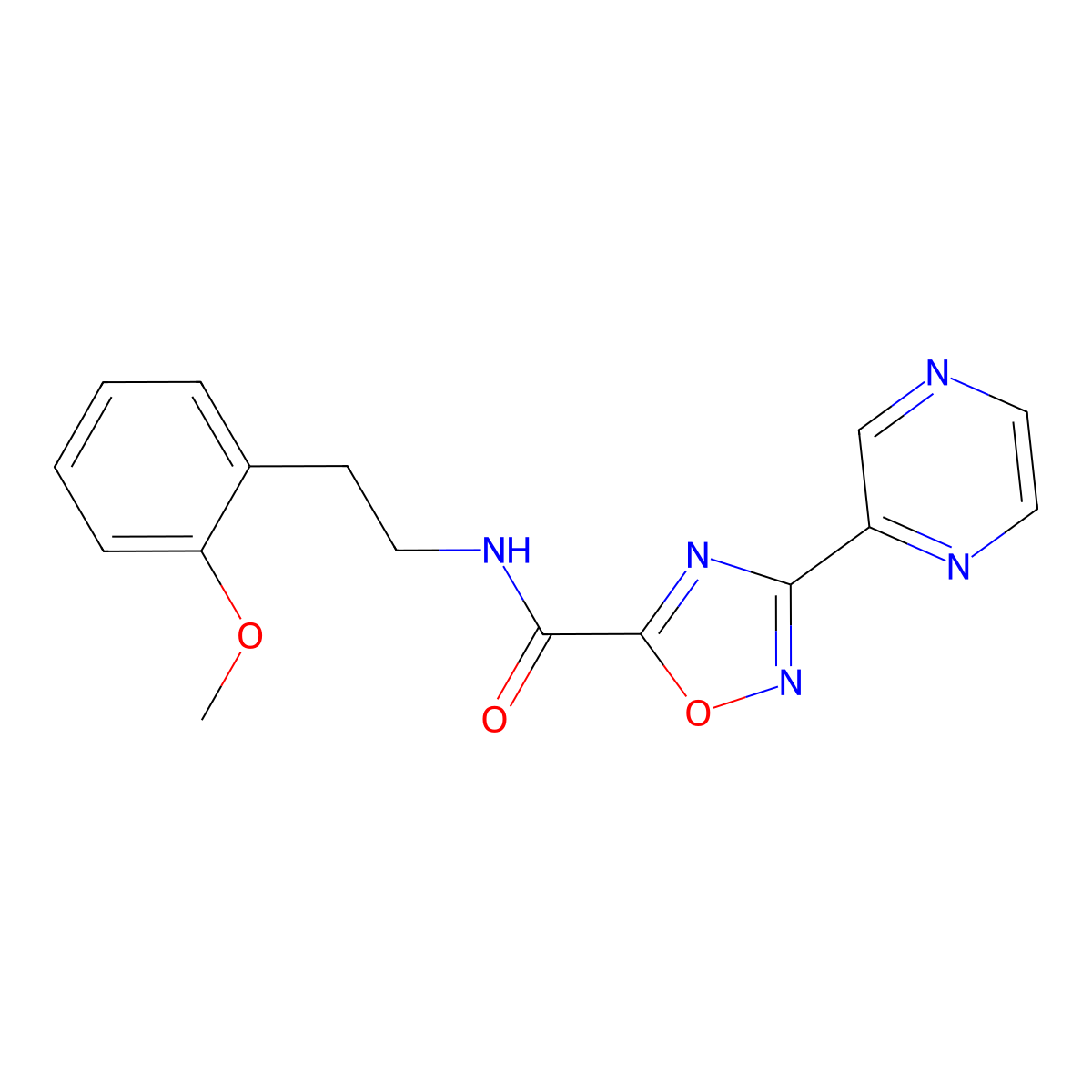 N-(2-methoxyphenethyl)-3-(pyrazin-2-yl)-1,2,4-oxadiazole-5-carboxamide molecular structure, CAS 1235351-30-0