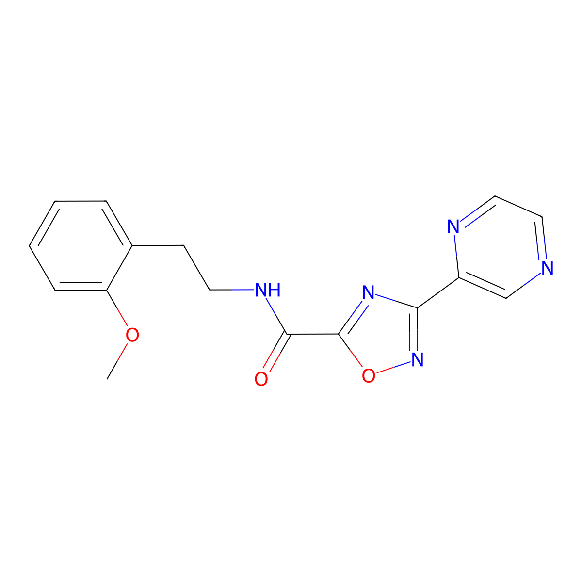 N-(2-methoxyphenethyl)-3-(pyrazin-2-yl)-1,2,4-oxadiazole-5-carboxamide molecular structure, CAS 1235351-30-0