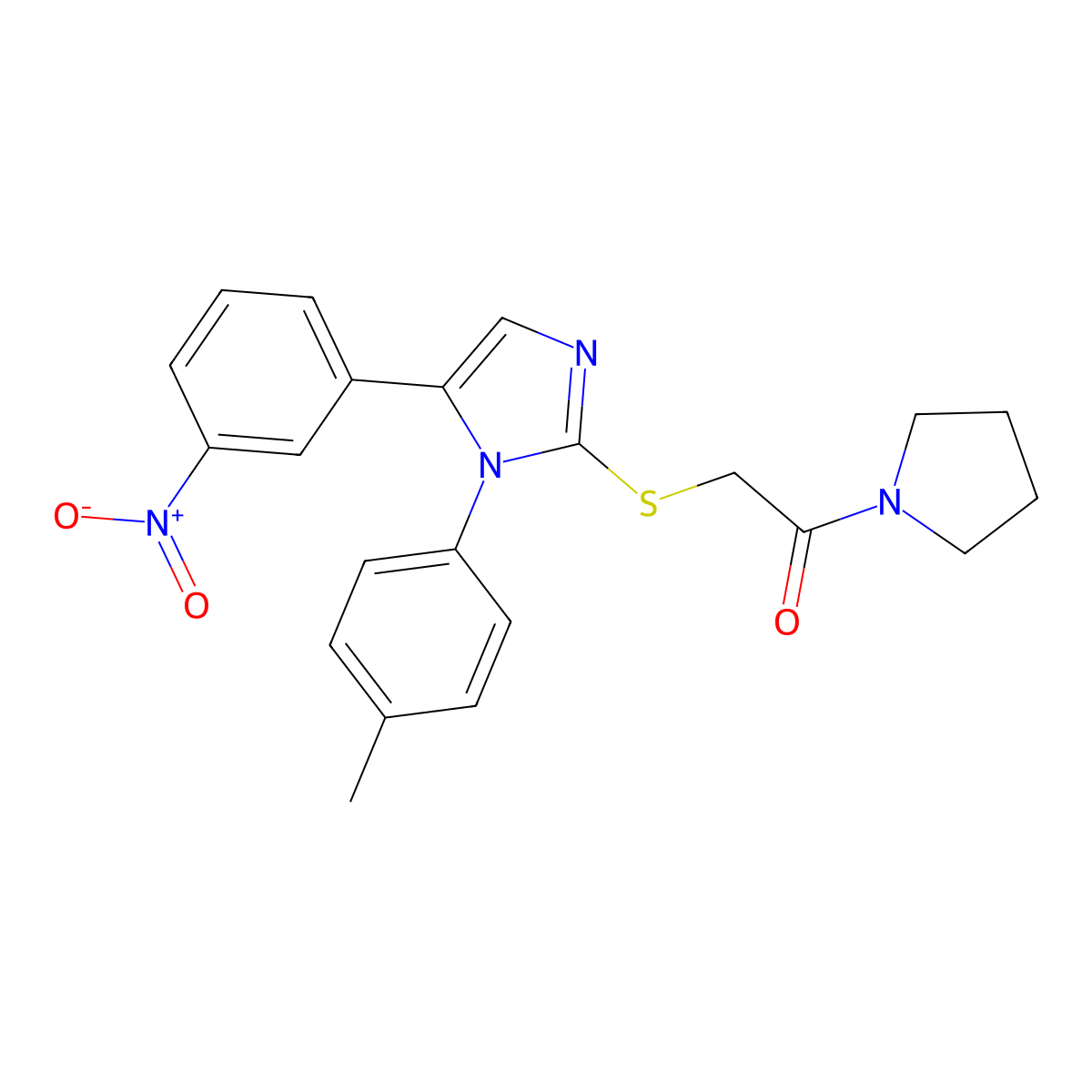 2-((5-(3-nitrophenyl)-1-(p-tolyl)-1H-imidazol-2-yl)thio)-1-(pyrrolidin-1-yl)ethanone molecular structure, CAS 1235352-21-2