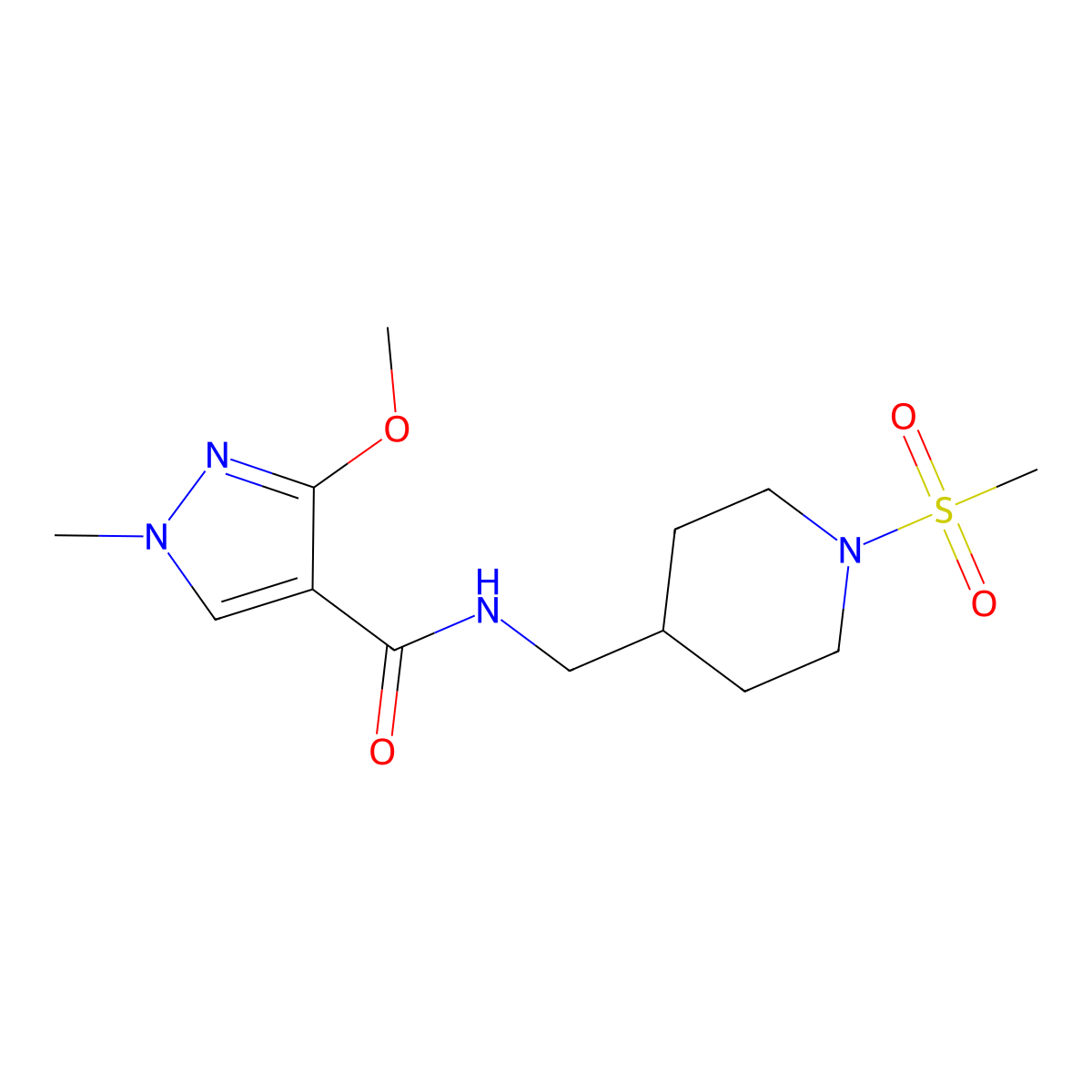 3-methoxy-1-methyl-N-((1-(methylsulfonyl)piperidin-4-yl)methyl)-1H-pyrazole-4-carboxamide molecular structure, CAS 1235352-28-9