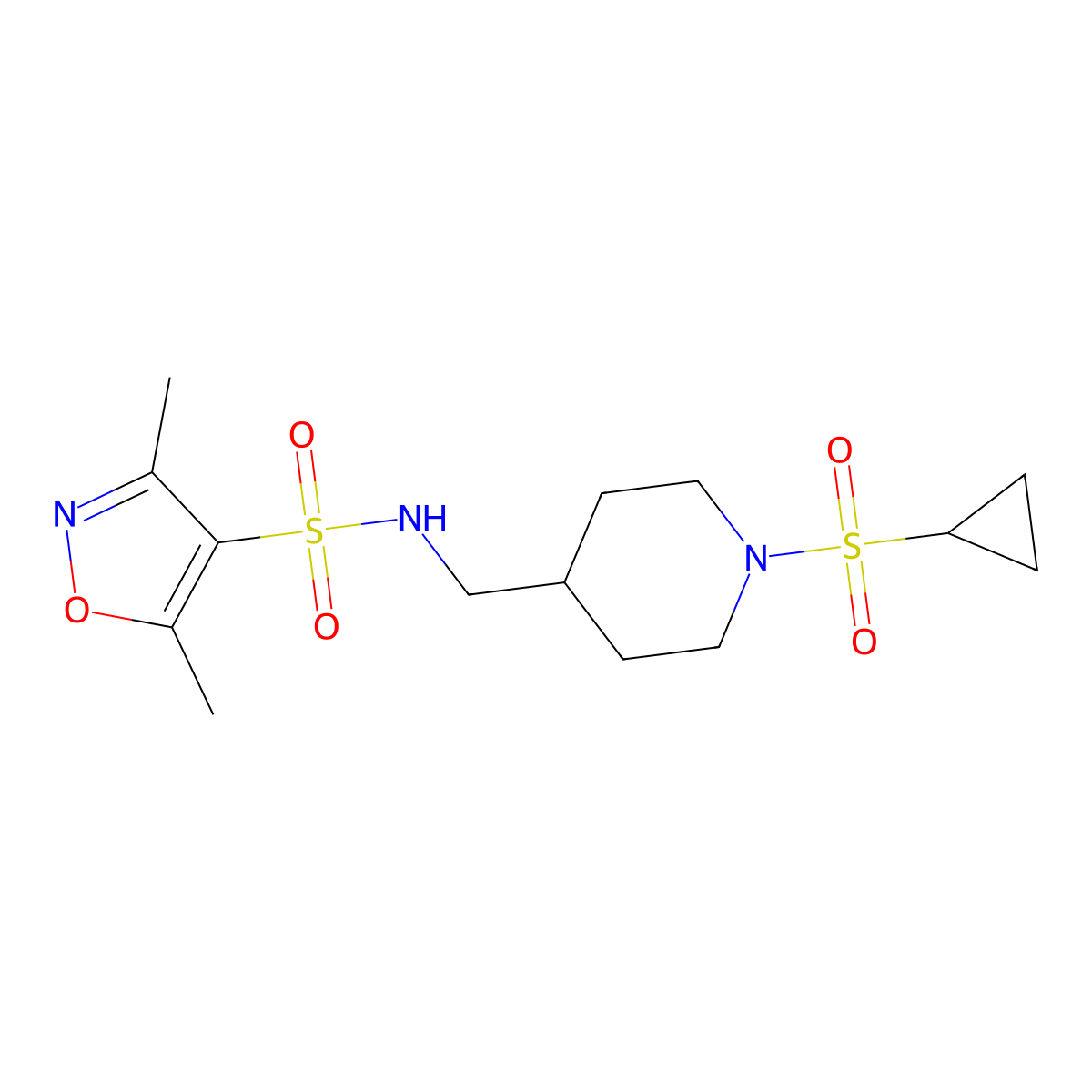 N-((1-(cyclopropylsulfonyl)piperidin-4-yl)methyl)-3,5-dimethylisoxazole-4-sulfonamide molecular structure, CAS 1235352-63-2