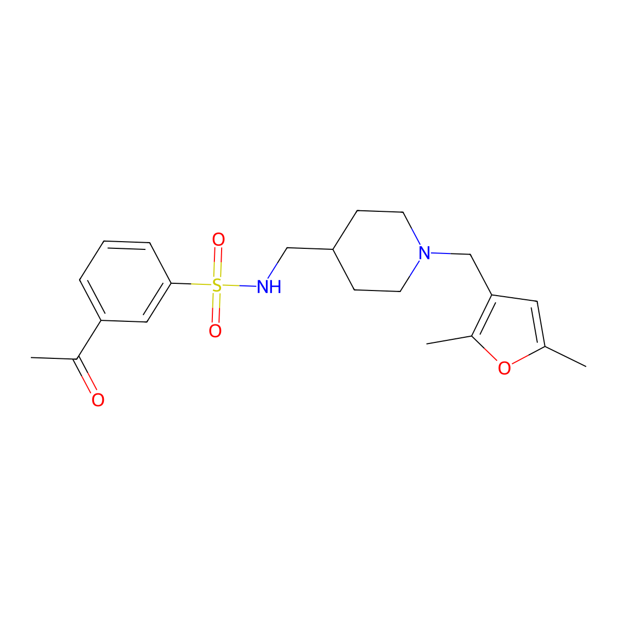 3-acetyl-N-((1-((2,5-dimethylfuran-3-yl)methyl)piperidin-4-yl)methyl)benzenesulfonamide molecular structure, CAS 1235352-80-3