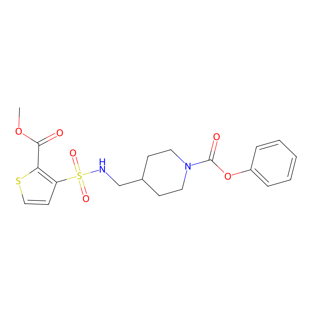 Phenyl 4-{[2-(methoxycarbonyl)thiophene-3-sulfonamido]methyl}piperidine-1-carboxylate molecular structure, CAS 1235357-56-8