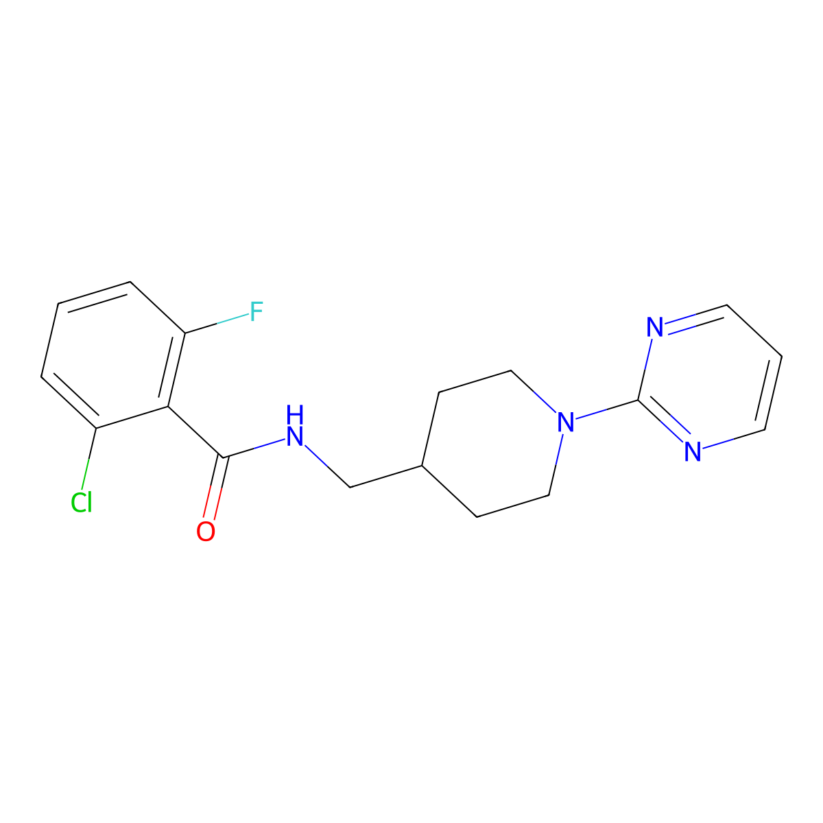2-chloro-6-fluoro-N-((1-(pyrimidin-2-yl)piperidin-4-yl)methyl)benzamide molecular structure, CAS 1235360-16-3
