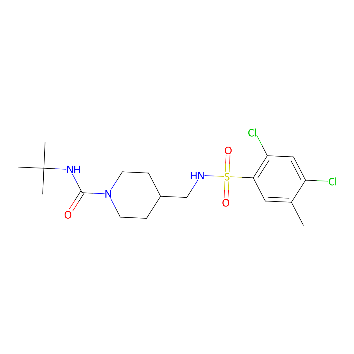 N-tert-butyl-4-[(2,4-dichloro-5-methylbenzenesulfonamido)methyl]piperidine-1-carboxamide molecular structure, CAS 1235369-00-2