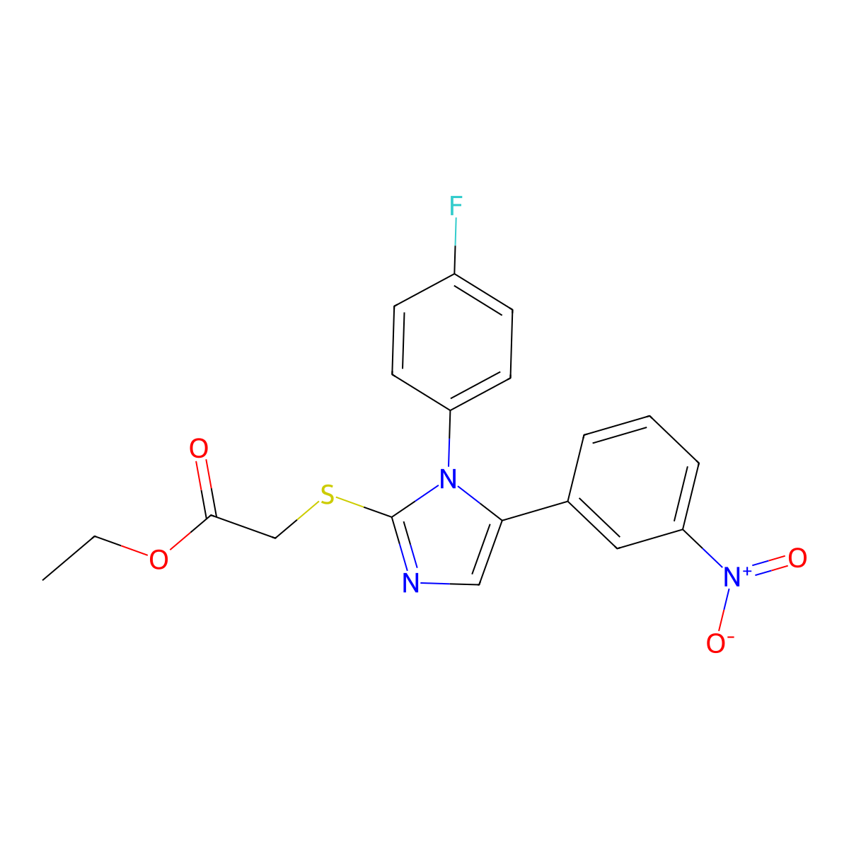 ethyl 2-((1-(4-fluorophenyl)-5-(3-nitrophenyl)-1H-imidazol-2-yl)thio)acetate molecular structure, CAS 1235370-58-7