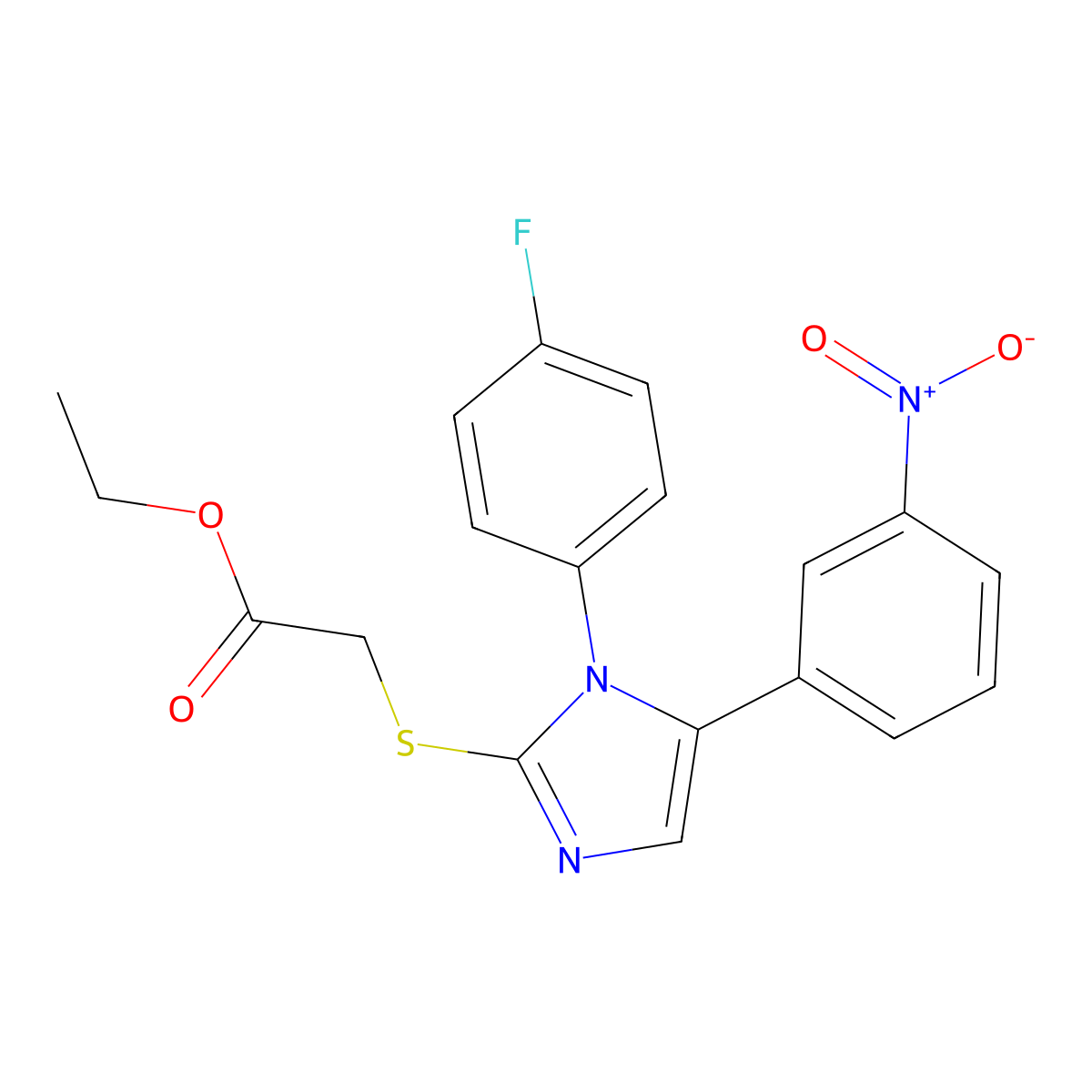 ethyl 2-((1-(4-fluorophenyl)-5-(3-nitrophenyl)-1H-imidazol-2-yl)thio)acetate molecular structure, CAS 1235370-58-7