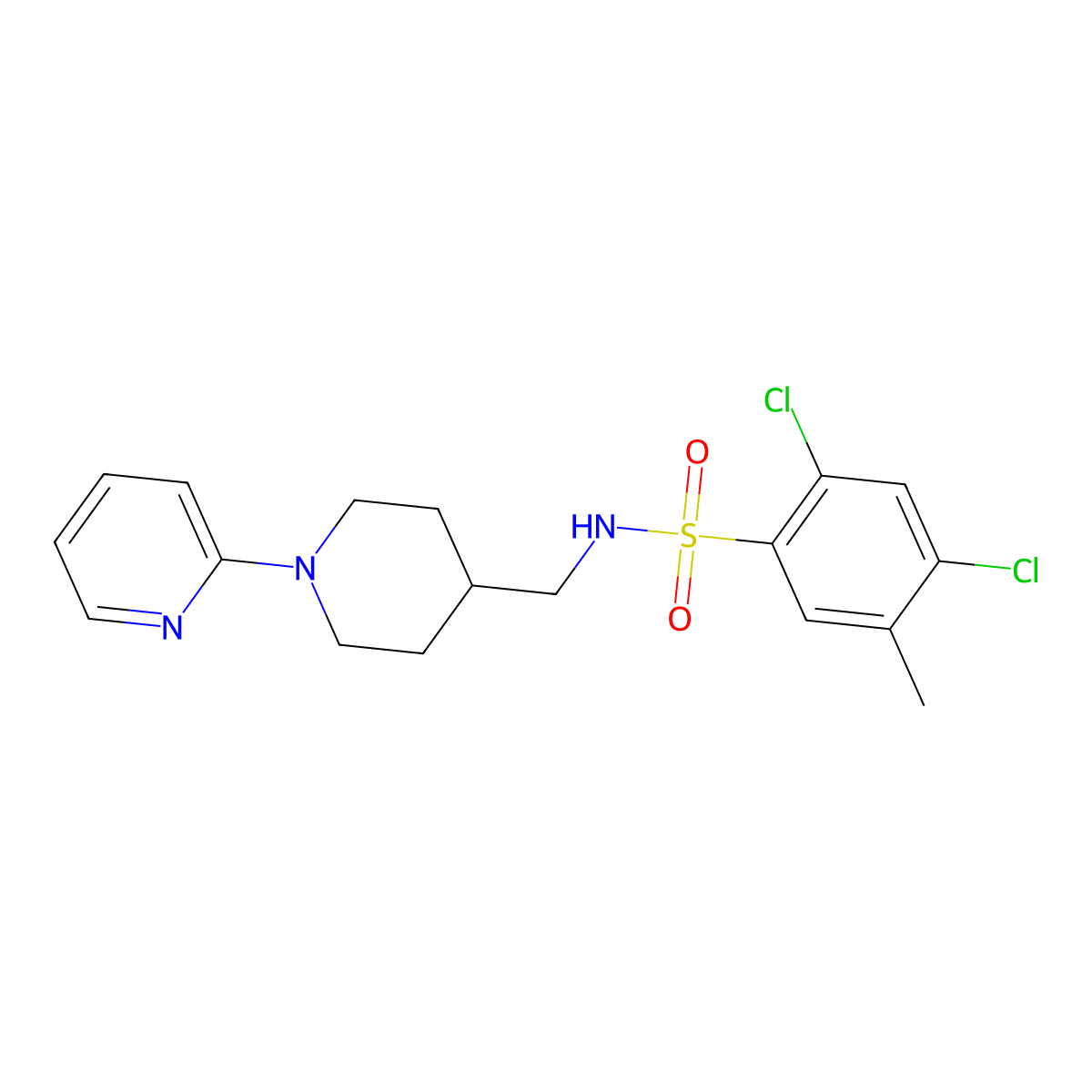 2,4-dichloro-5-methyl-N-((1-(pyridin-2-yl)piperidin-4-yl)methyl)benzenesulfonamide molecular structure, CAS 1235371-07-9