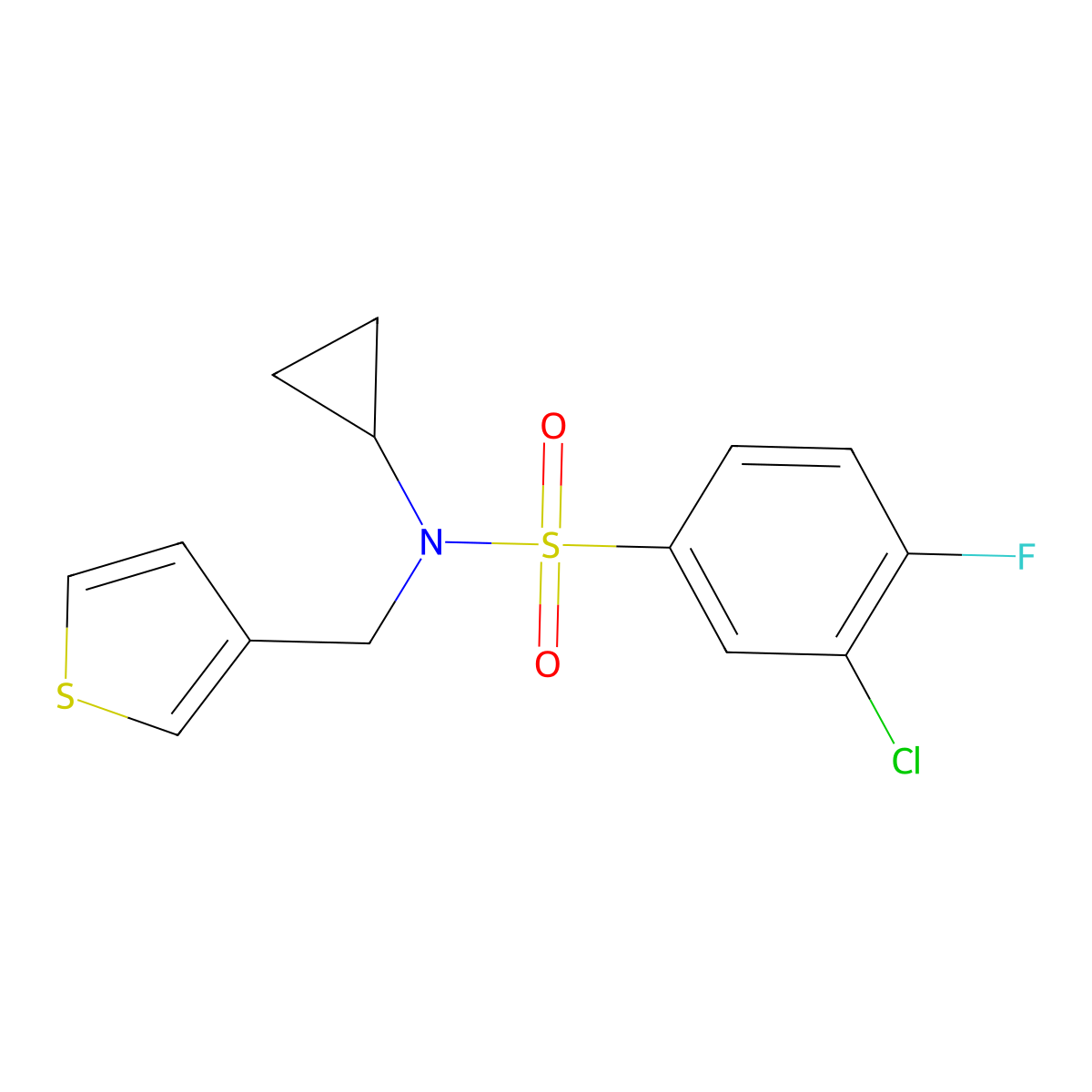 3-chloro-N-cyclopropyl-4-fluoro-N-(thiophen-3-ylmethyl)benzenesulfonamide molecular structure, CAS 1235373-48-4