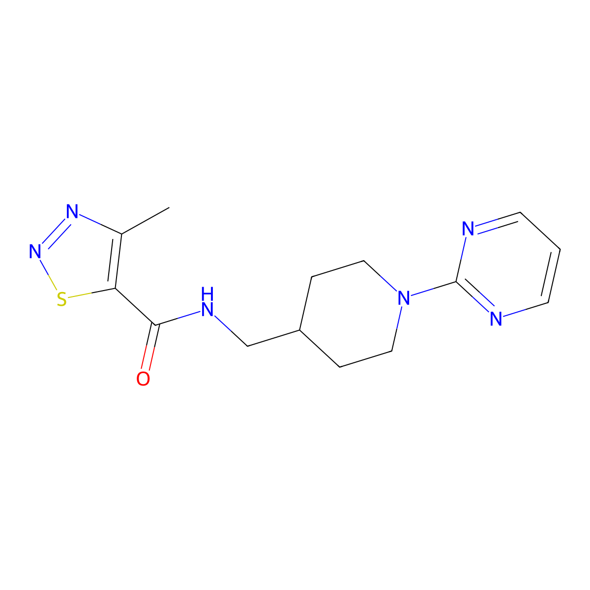 4-methyl-N-{[1-(pyrimidin-2-yl)piperidin-4-yl]methyl}-1,2,3-thiadiazole-5-carboxamide molecular structure, CAS 1235374-17-0