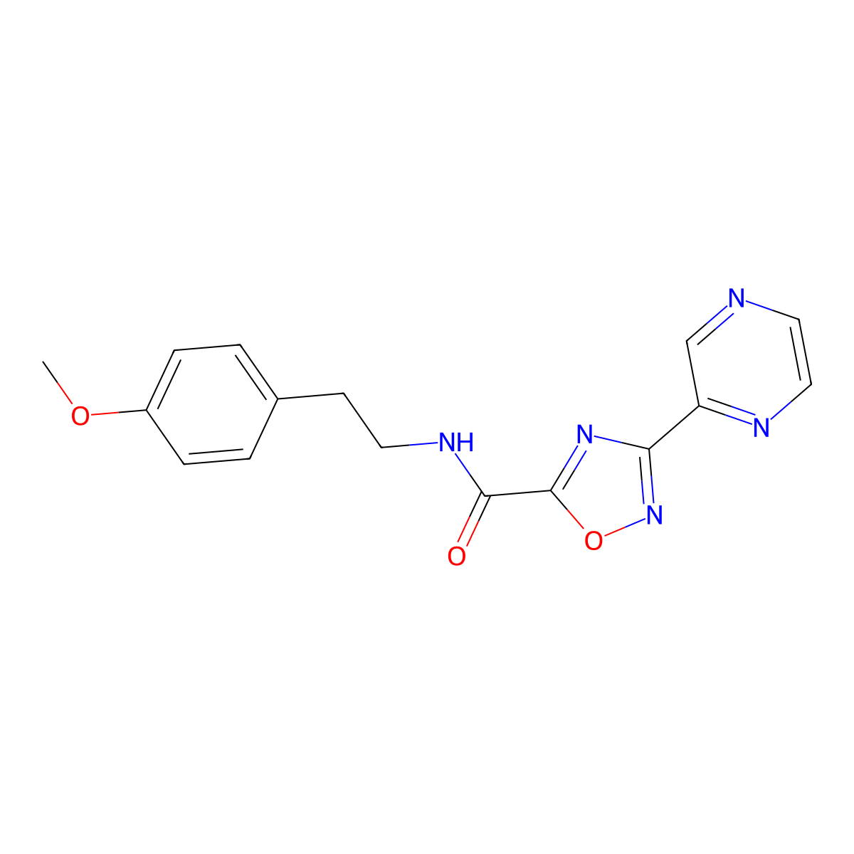N-(4-methoxyphenethyl)-3-(pyrazin-2-yl)-1,2,4-oxadiazole-5-carboxamide molecular structure, CAS 1235375-36-6