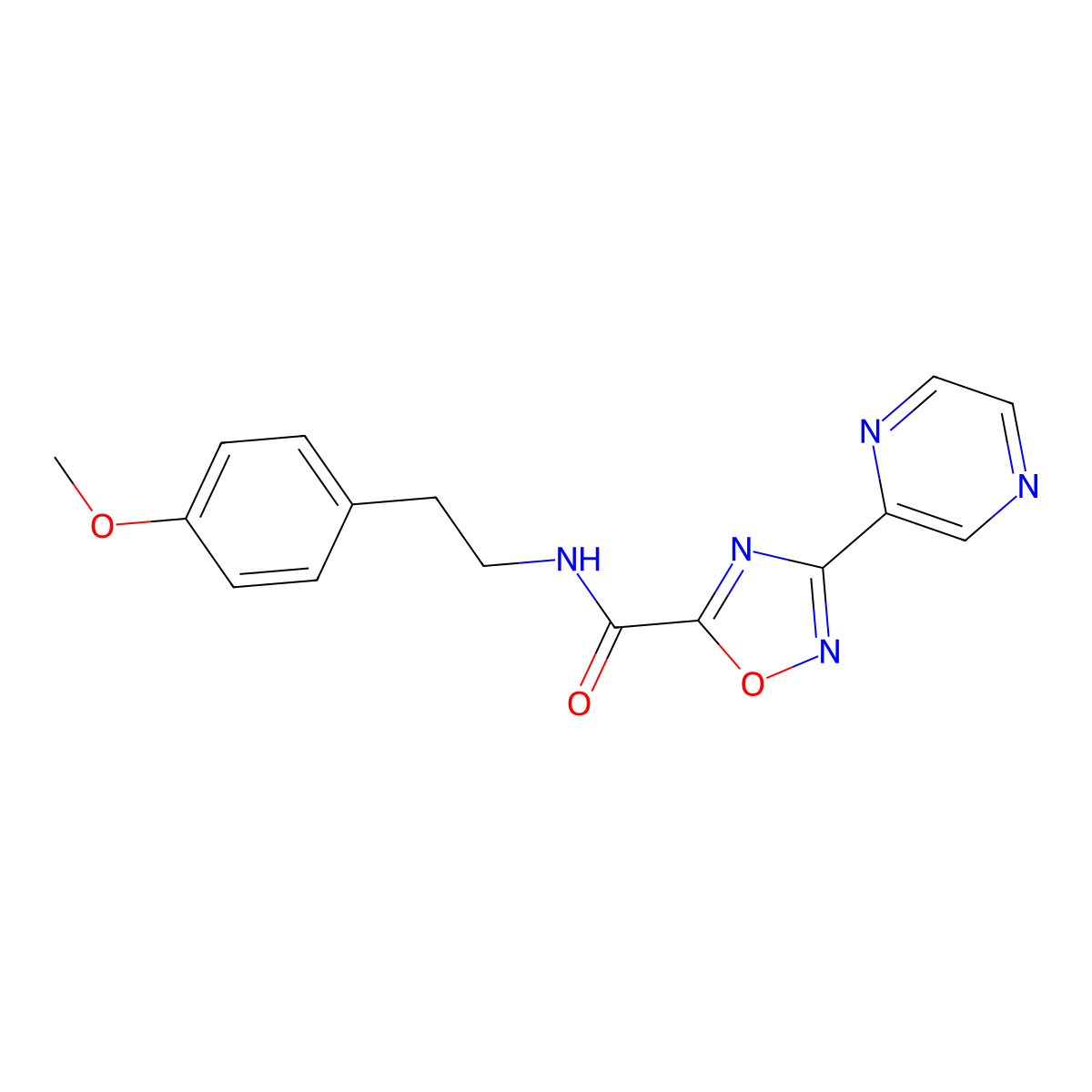 N-(4-methoxyphenethyl)-3-(pyrazin-2-yl)-1,2,4-oxadiazole-5-carboxamide molecular structure, CAS 1235375-36-6