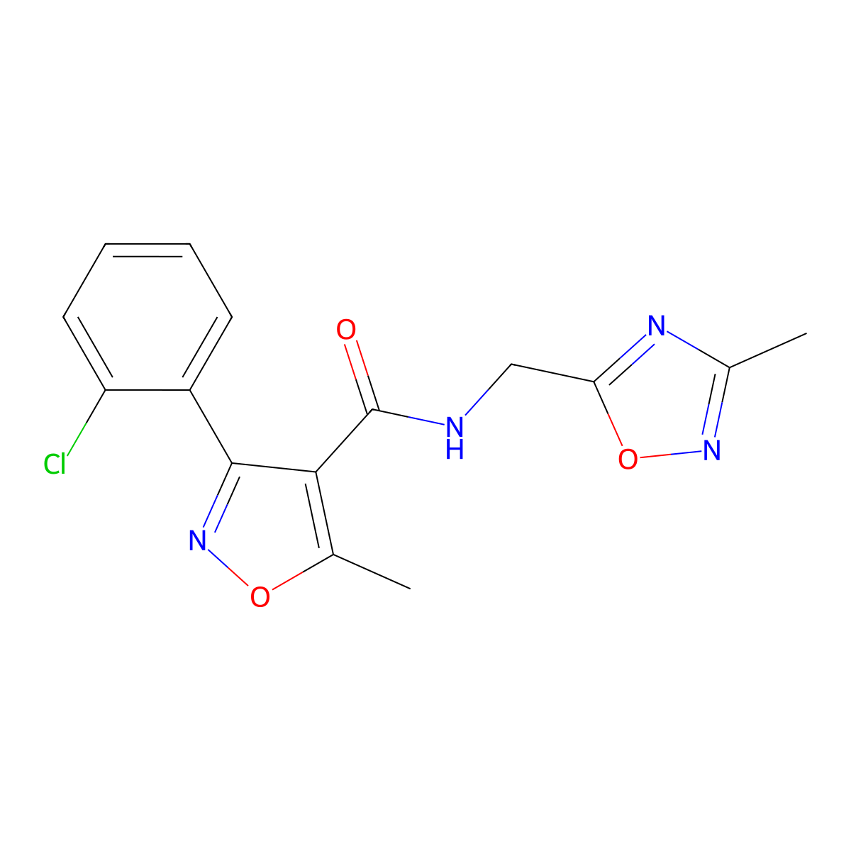 3-(2-chlorophenyl)-5-methyl-N-((3-methyl-1,2,4-oxadiazol-5-yl)methyl)isoxazole-4-carboxamide molecular structure, CAS 1235375-65-1