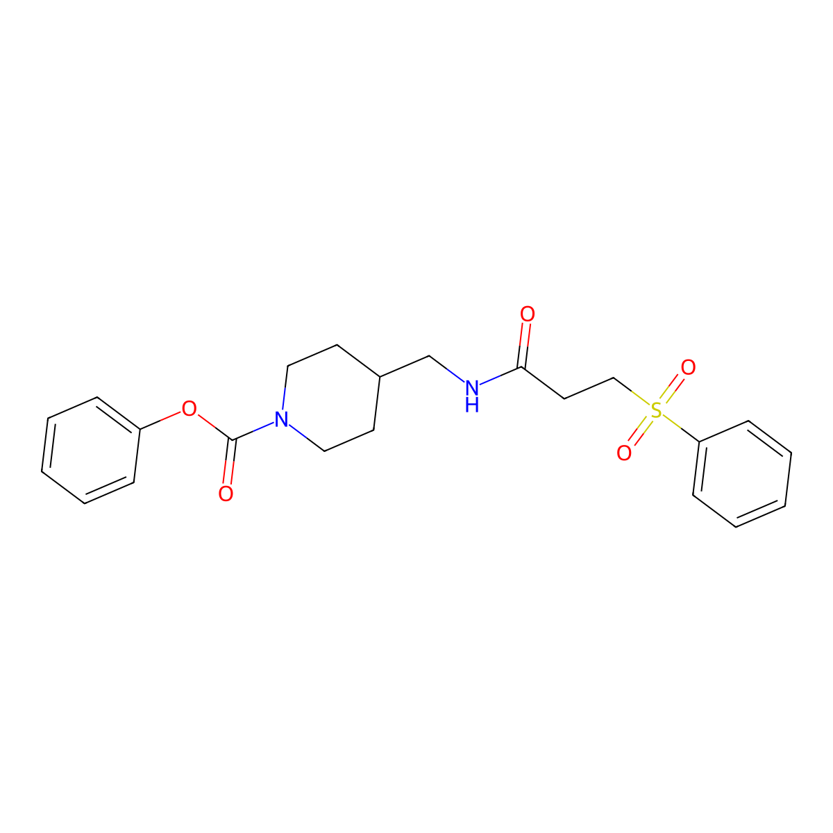 Phenyl 4-((3-(phenylsulfonyl)propanamido)methyl)piperidine-1-carboxylate molecular structure, CAS 1235377-15-7