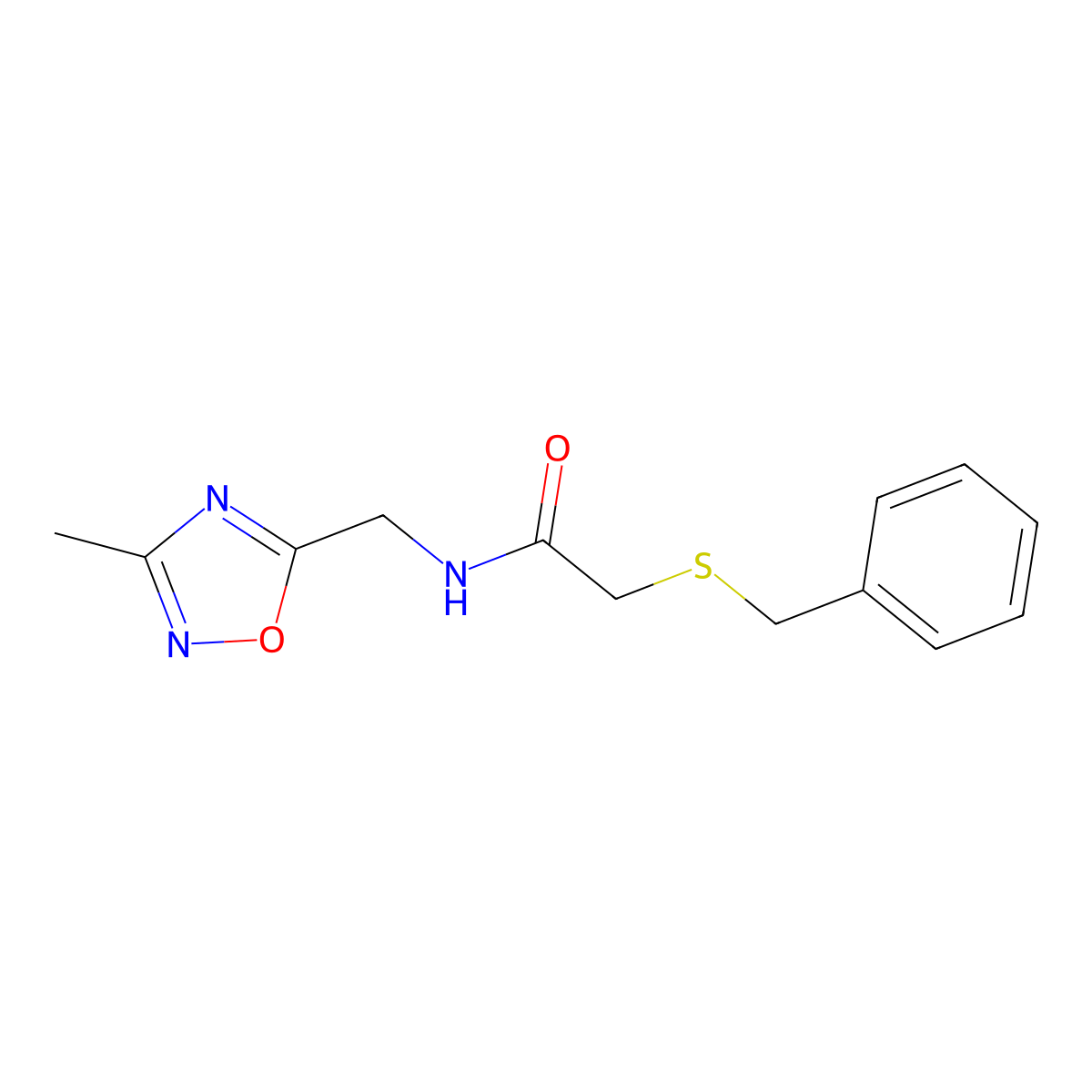 2-(benzylthio)-N-((3-methyl-1,2,4-oxadiazol-5-yl)methyl)acetamide molecular structure, CAS 1235387-04-8