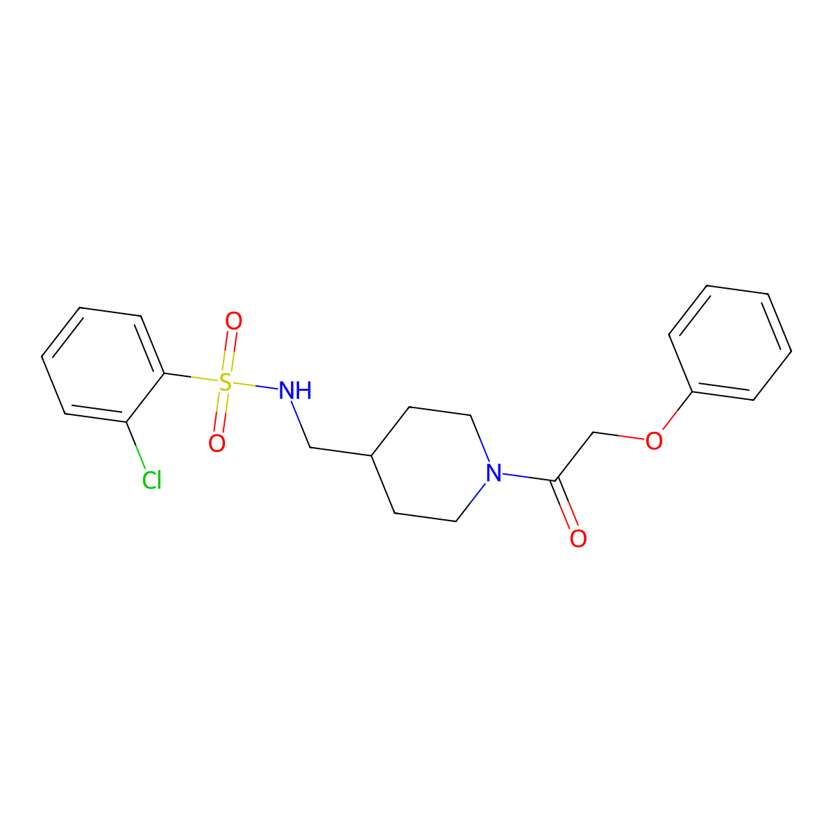 2-chloro-N-((1-(2-phenoxyacetyl)piperidin-4-yl)methyl)benzenesulfonamide molecular structure, CAS 1235387-58-2