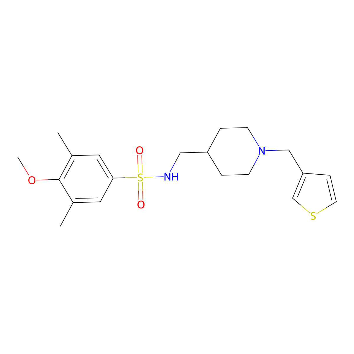 4-methoxy-3,5-dimethyl-N-((1-(thiophen-3-ylmethyl)piperidin-4-yl)methyl)benzenesulfonamide molecular structure, CAS 1235388-61-0