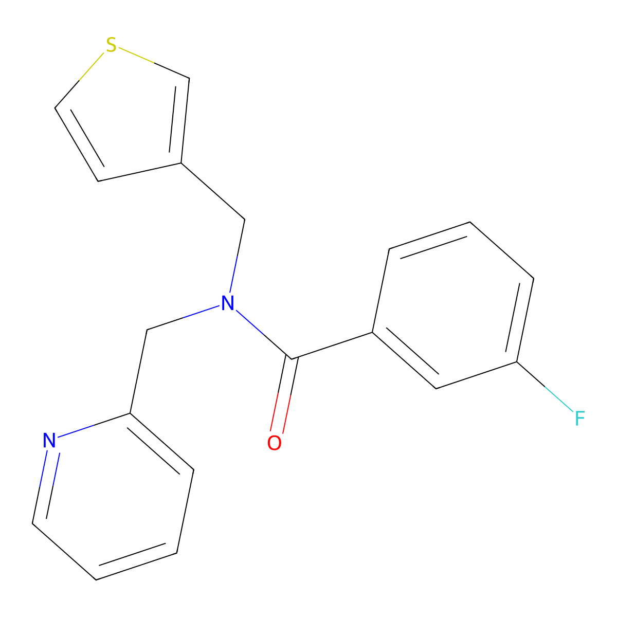 3-fluoro-N-(pyridin-2-ylmethyl)-N-(thiophen-3-ylmethyl)benzamide molecular structure, CAS 1235389-97-5