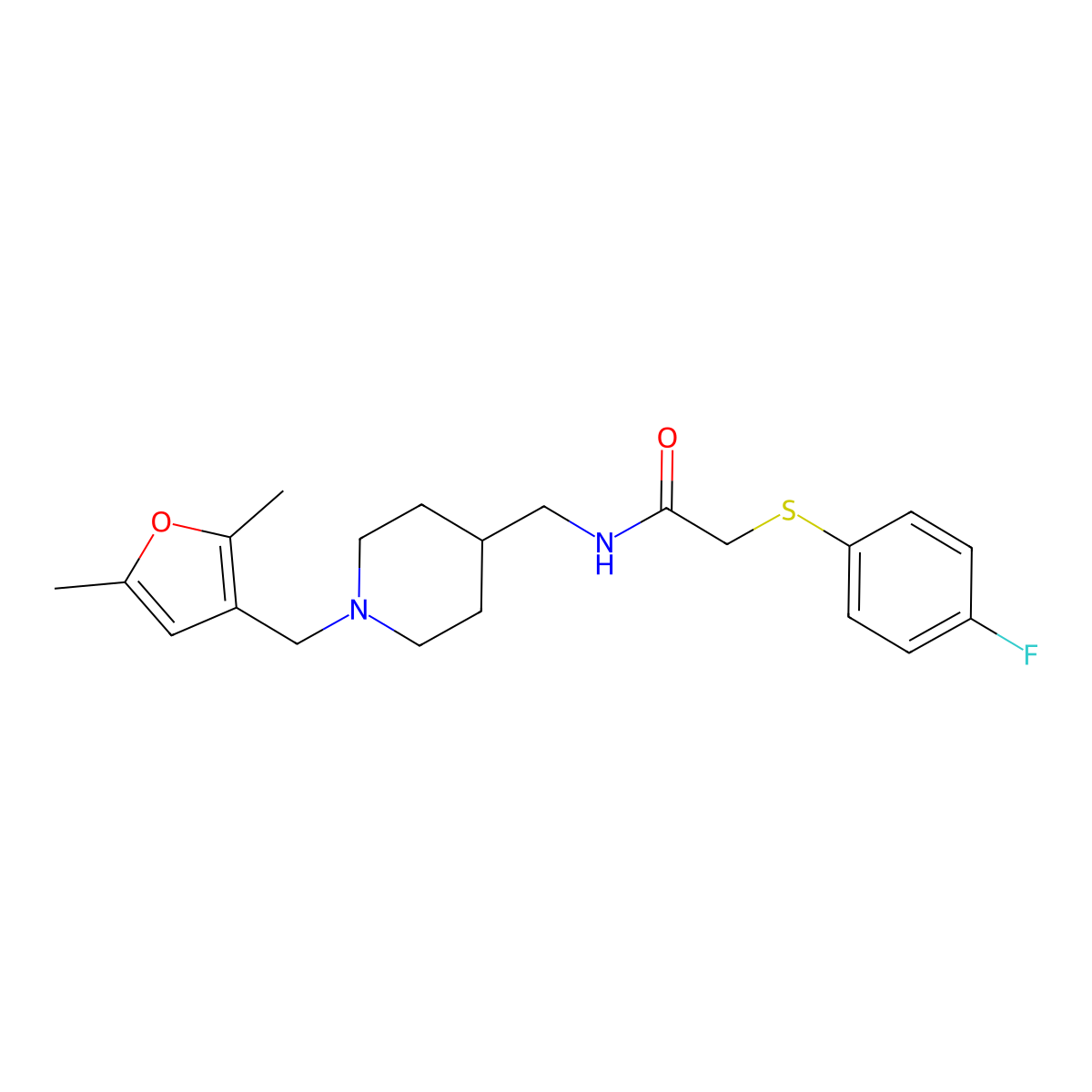 N-((1-((2,5-dimethylfuran-3-yl)methyl)piperidin-4-yl)methyl)-2-((4-fluorophenyl)thio)acetamide molecular structure, CAS 1235390-71-2