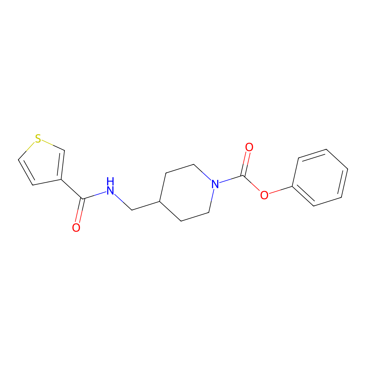 Phenyl 4-((thiophene-3-carboxamido)methyl)piperidine-1-carboxylate molecular structure, CAS 1235391-02-2
