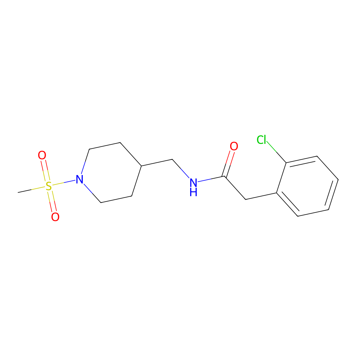 2-(2-chlorophenyl)-N-((1-(methylsulfonyl)piperidin-4-yl)methyl)acetamide molecular structure, CAS 1235395-04-6